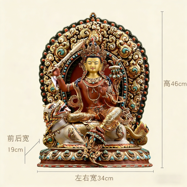 81ca5038-5226-4ea6-a175-b3afb5f4a179 释迦族工艺彩绘骑狮文殊菩萨佛像坐像尼泊尔进口手工铜像