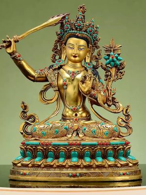 藏传宝石镶嵌《文殊菩萨》松石彩珠《文殊师利》桌面铜佛像