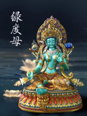 尼泊尔西藏工艺 藏传密宗彩绘绿度母纯铜手工錾刻